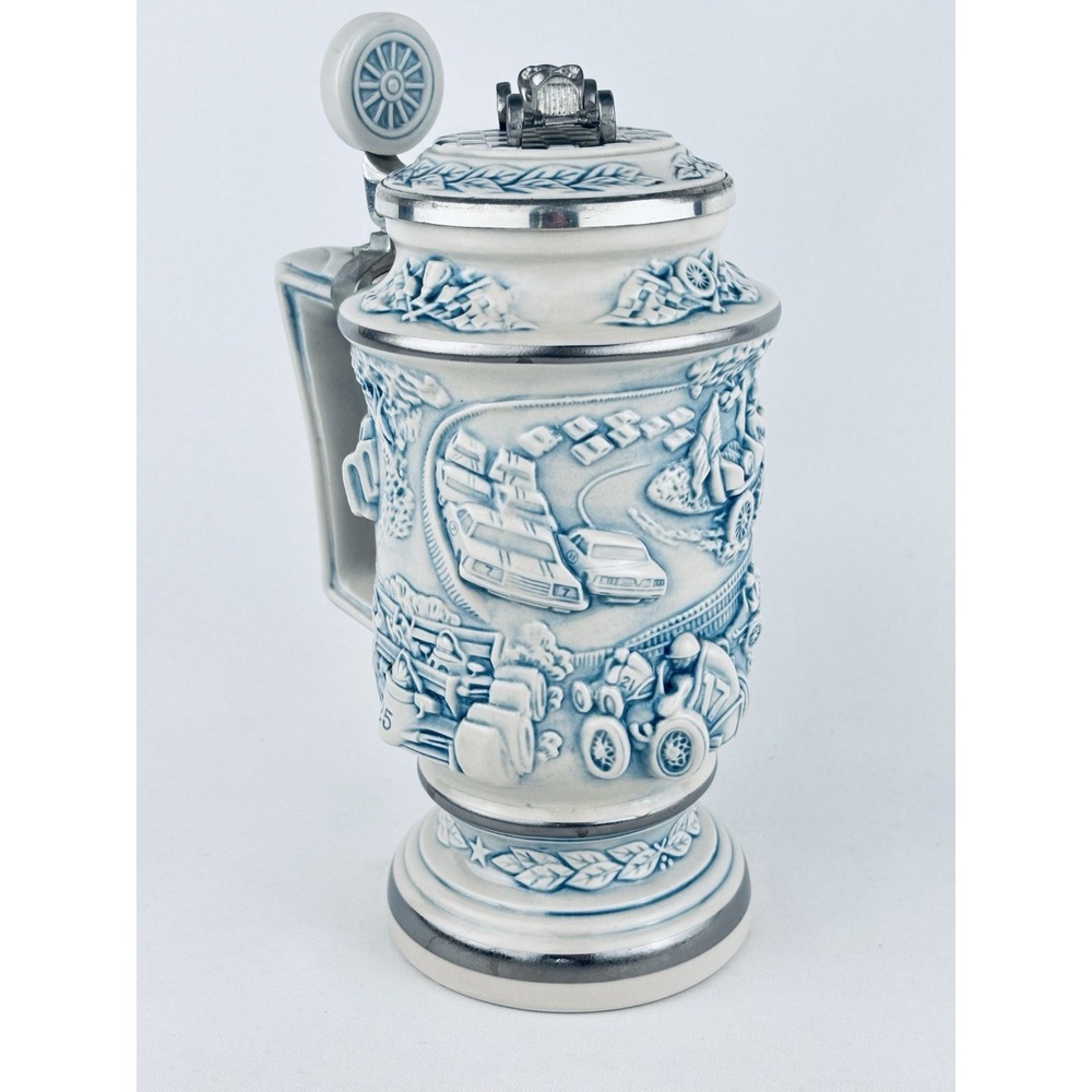 Vintage Ceramic Beer Stein Lidded Mug - Retro Race Car Automotive Relief Motif